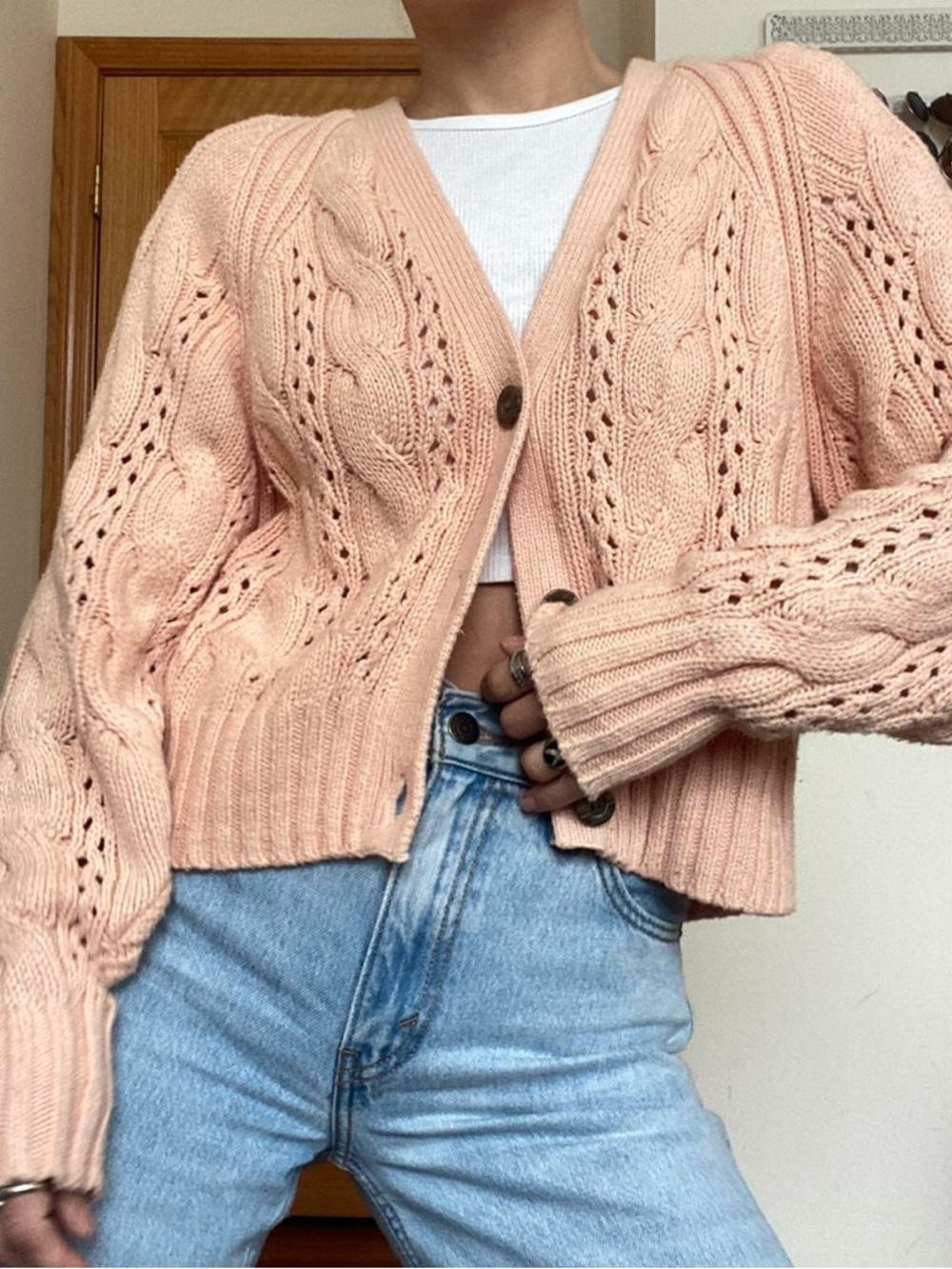 Vintage Peach Cable Knit Cardigan Sweater